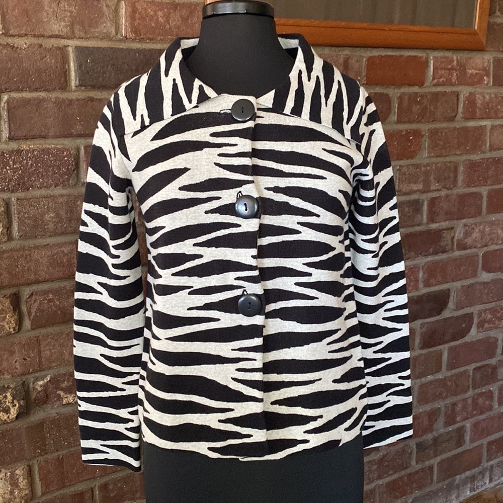 Chico’s zebra print button front stretch sweater jacket